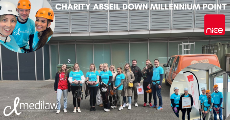 Montage of the CL Medilaw team at the Millennium Point abseil for NICE