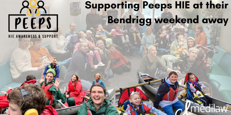 Image containing photos of families at an away weekend with the words "Supporting Peeps HIE at their Bendrigg weekend away"