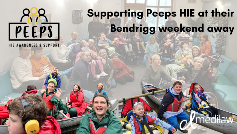 Image containing photos of families at an away weekend with the words "Supporting Peeps HIE at their Bendrigg weekend away"